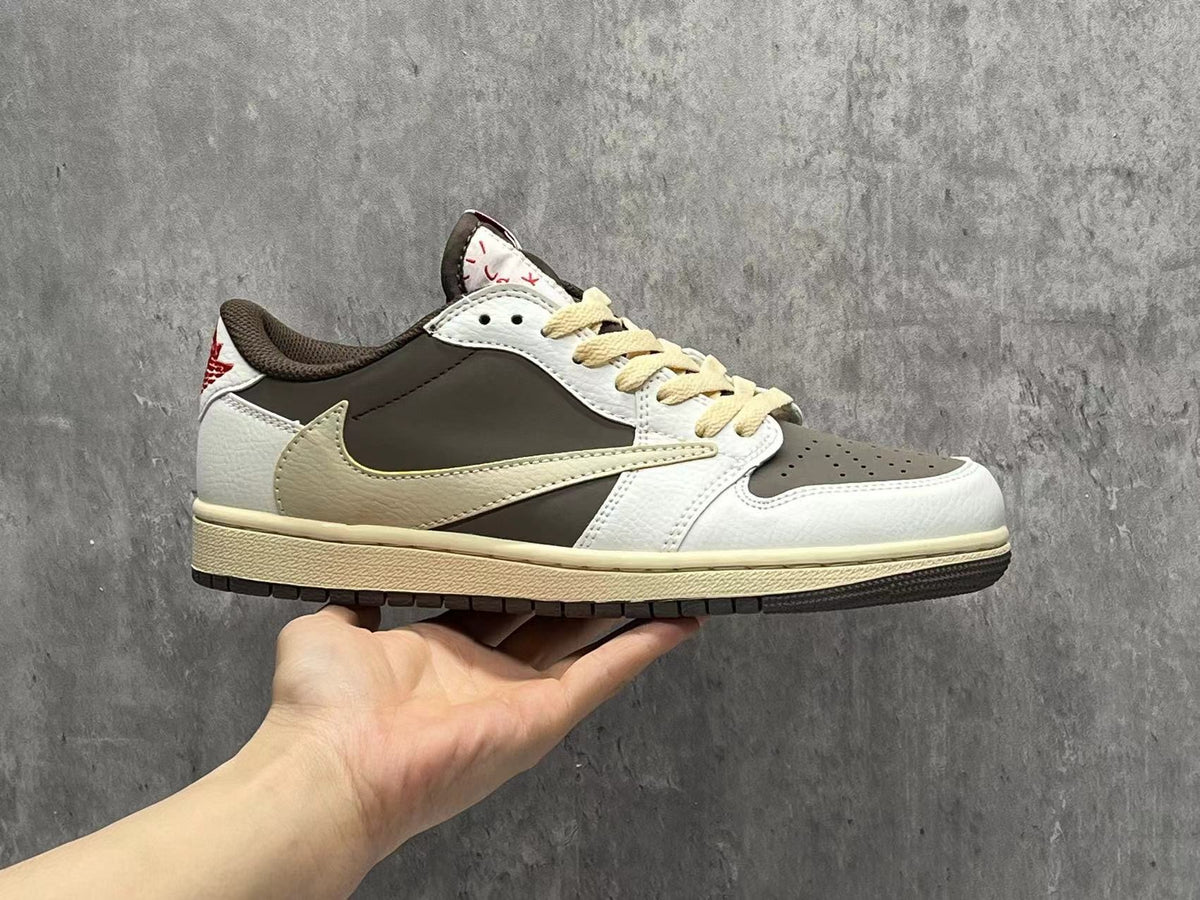 Air Jordan 1 Low White‑Brown Reverse Swoosh Sneakers