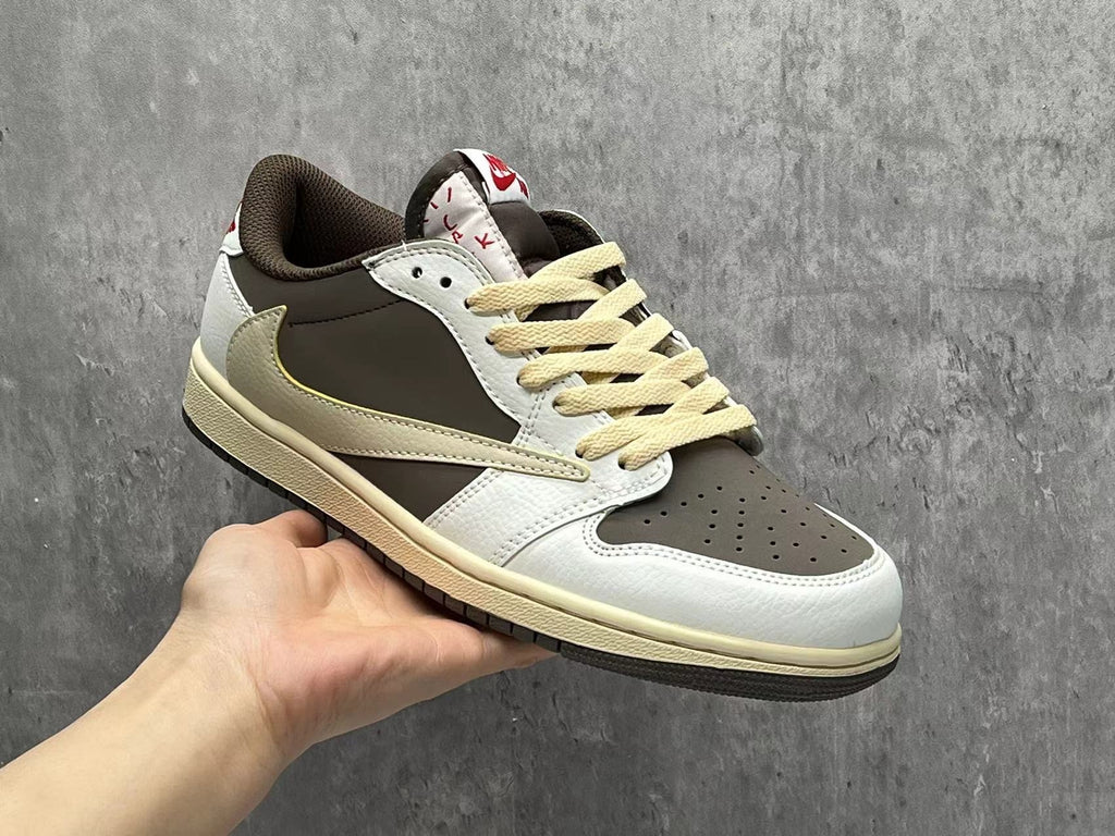 Air Jordan 1 Low White‑Brown Reverse Swoosh Sneakers